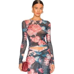 Miaou Revolve Mesh Semi Sheer Long Sleeve Roses Top Size Small